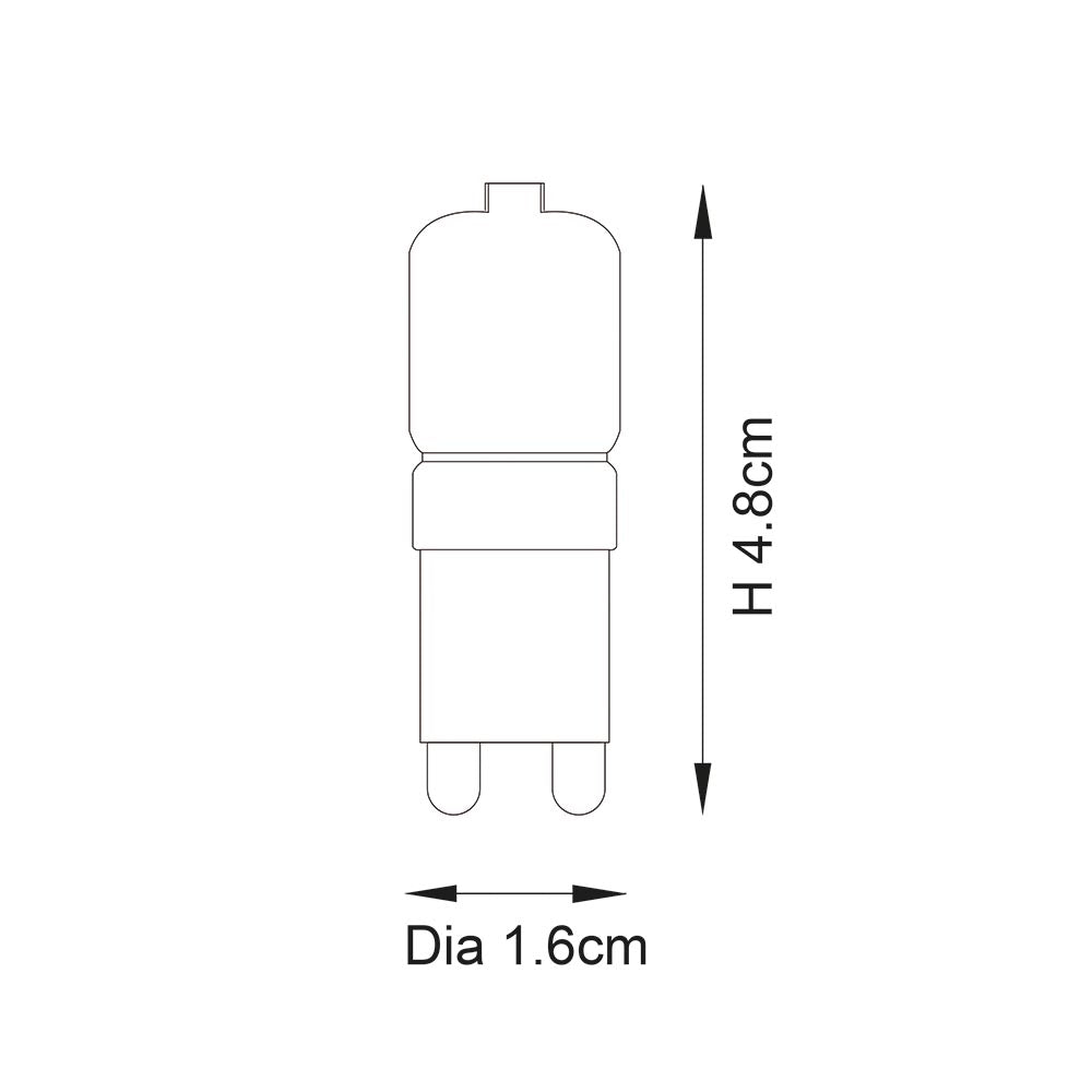 Technical line drawing of the Endon 2W G9 LED capsule bulb showing height 4.8cm and diameter 1.6cm on a plain white background.