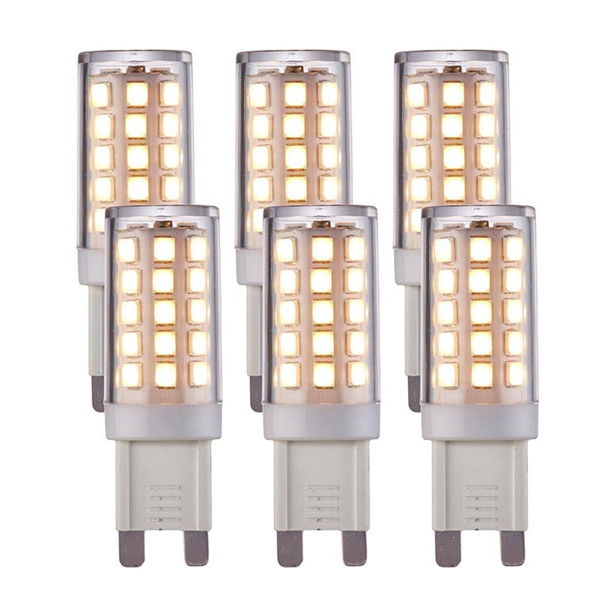 Endon 3.5W G9 LED capsule bulbs in warm white, shown as a 6 pack of small clear non-dimmable lamps with push-fit pins on a white background.