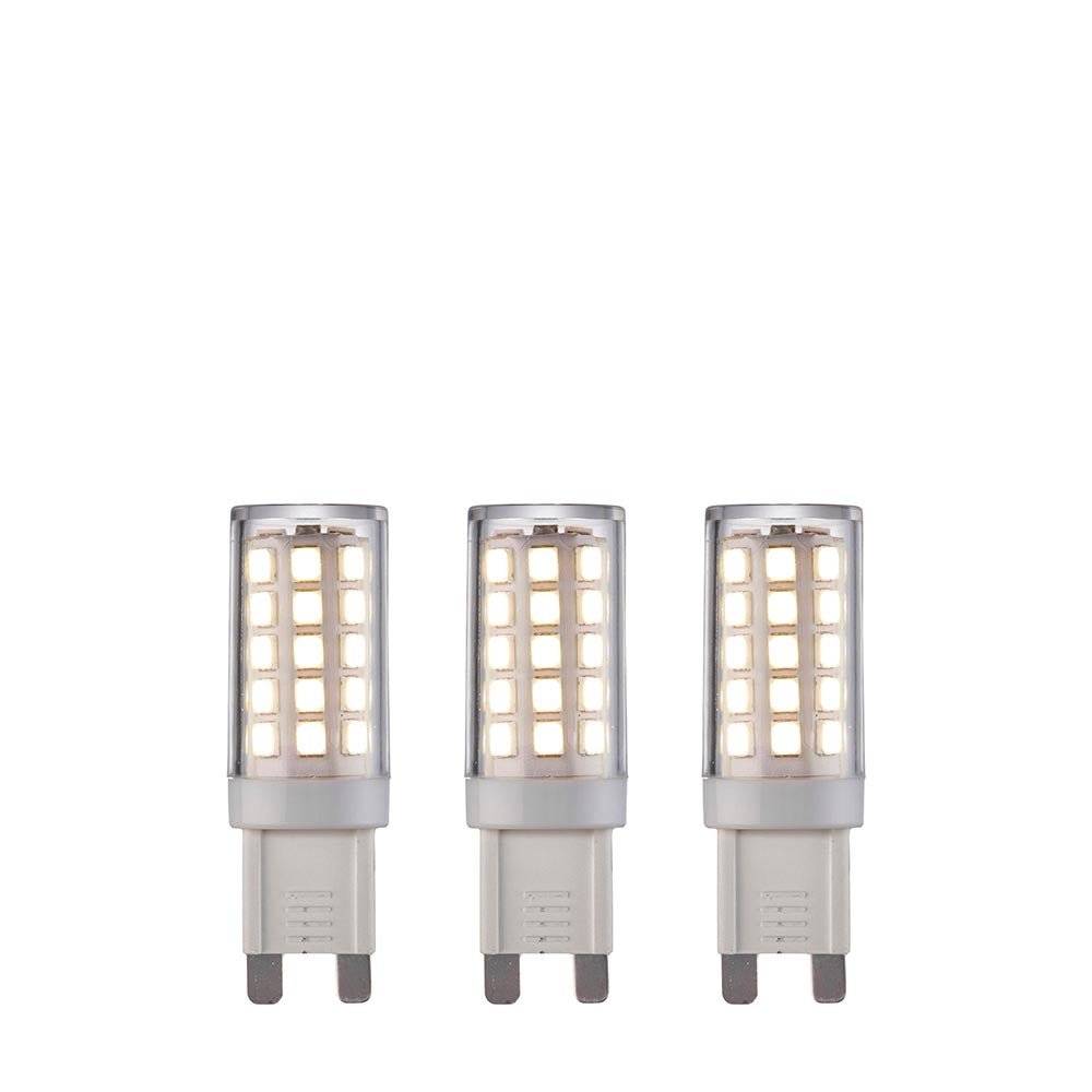 Endon 3.5W G9 LED capsule bulbs in a 3 pack, cool white non-dimmable, with clear casings over SMD chips and push-fit pins, on a white background.