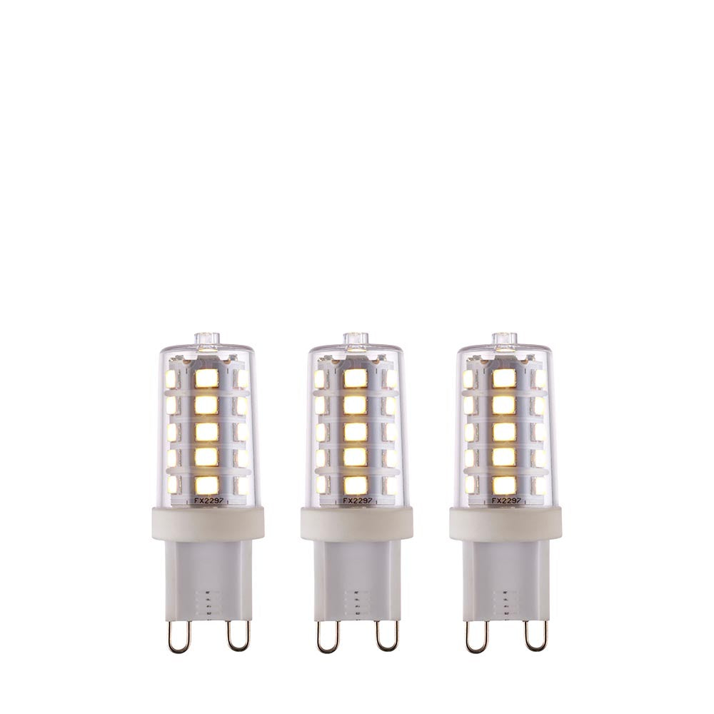 Endon 3.7W G9 LED capsule bulbs in a 3-pack, showing clear glass casings with visible SMD chips and white push-fit bases on a plain background.