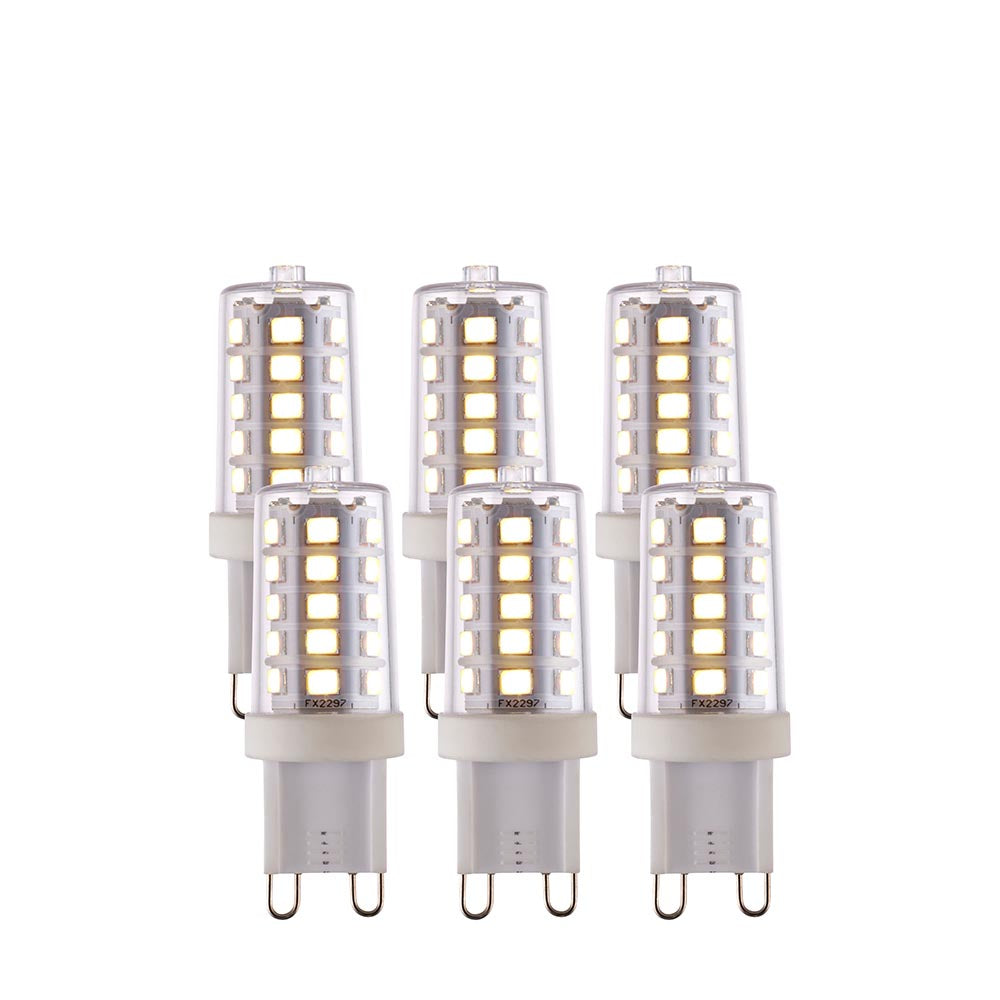 Endon 3.7W G9 LED capsule bulbs in cool white, shown as a pack of six with clear tops, visible SMD chips and white bases, on a plain background.