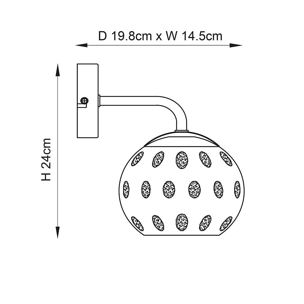 Dimensioned line drawing of the Endon Draycott wall light showing 24cm height, 14.5cm width and 19.8cm projection on a white background.