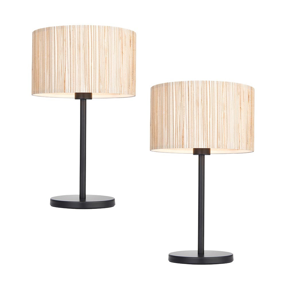 Salcombe Table Lamp Twin Pack in matt black, each with a slim metal stem, round base, and natural woven seagrass drum shade, shown on a white background.