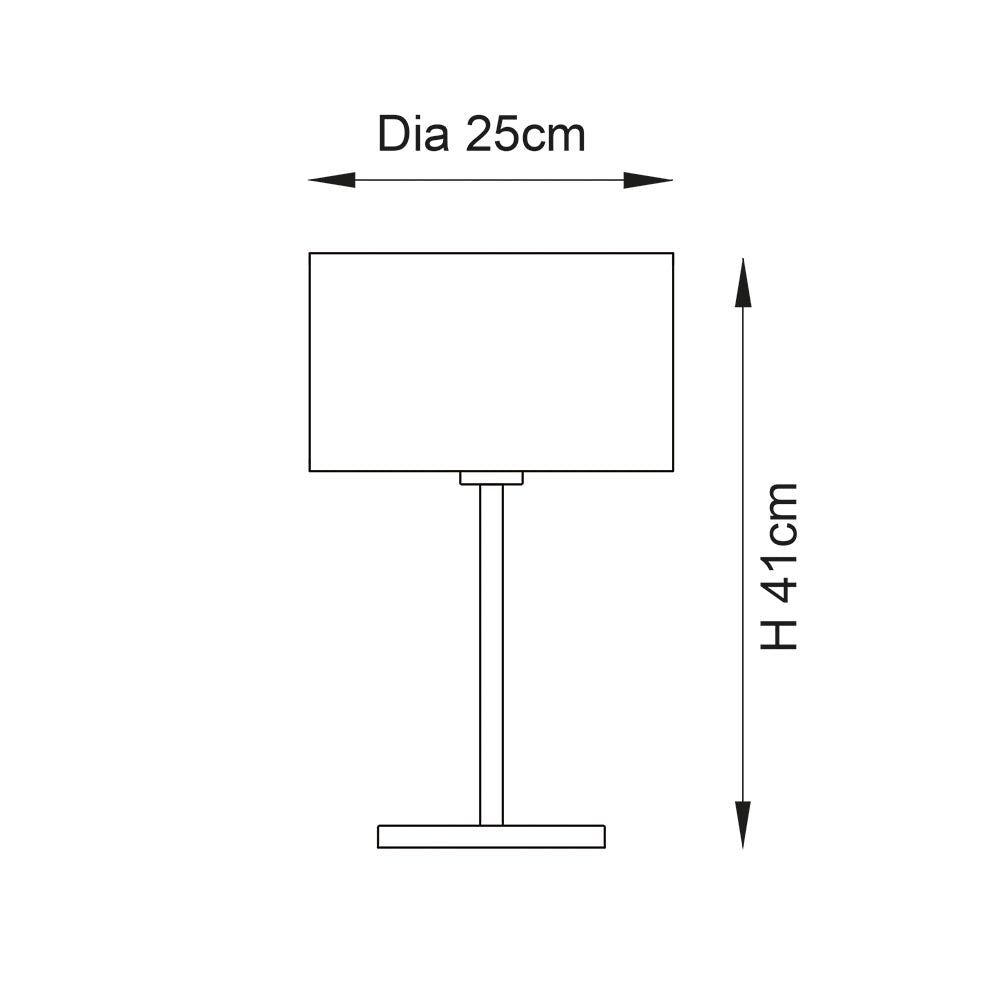 Line drawing of the Salcombe Table Lamp with rectangular drum shade, slim stem and rectangular base, 25cm diameter shade, 41cm height.