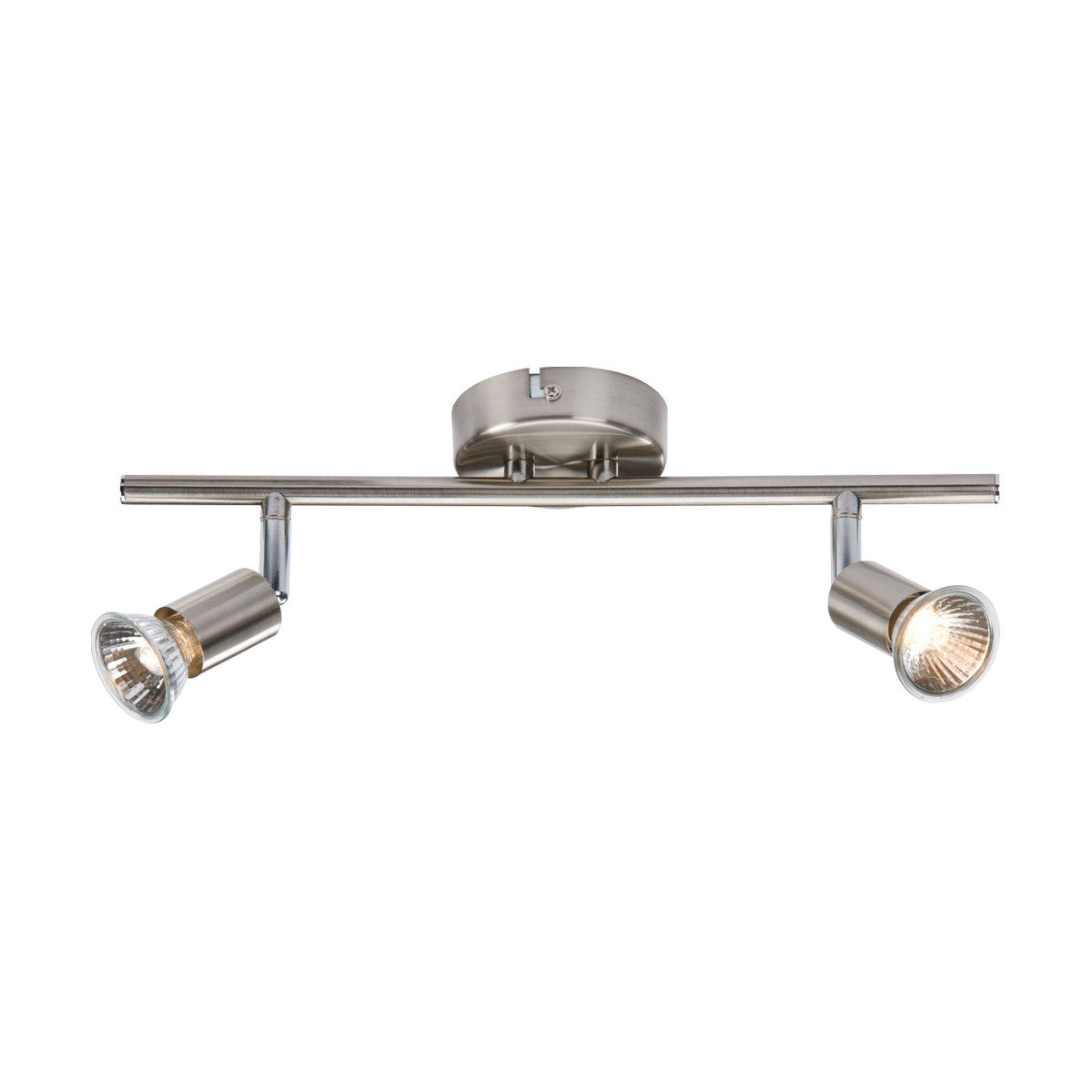 The Twin Bar Spotlight - Brushed Chrome includes two GU10 spotlights with adjustable directional heads on a central rod, featuring conical shades and mounted on a circular base.