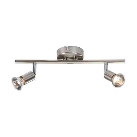 The Twin Bar Spotlight - Brushed Chrome includes two GU10 spotlights with adjustable directional heads on a central rod, featuring conical shades and mounted on a circular base.