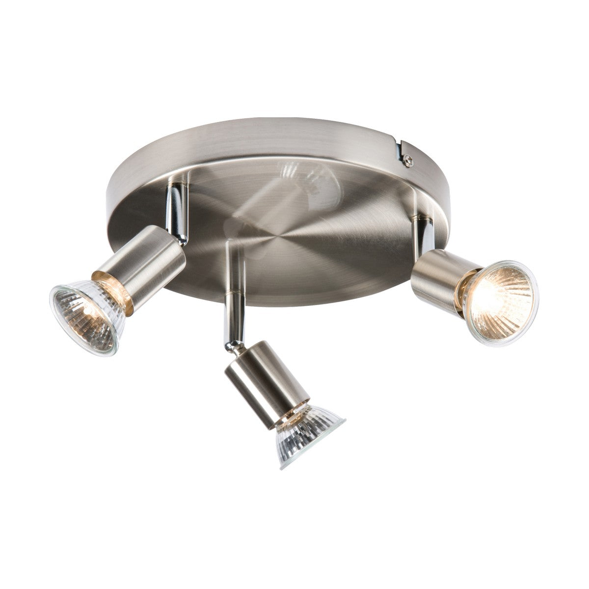 The Triple Spotlight - Brushed Chrome features three adjustable directional heads mounted on a round base, each equipped with halogen bulbs. These brushed chrome spotlights, compatible with GU10 bulbs, are evenly spaced to provide focused illumination.