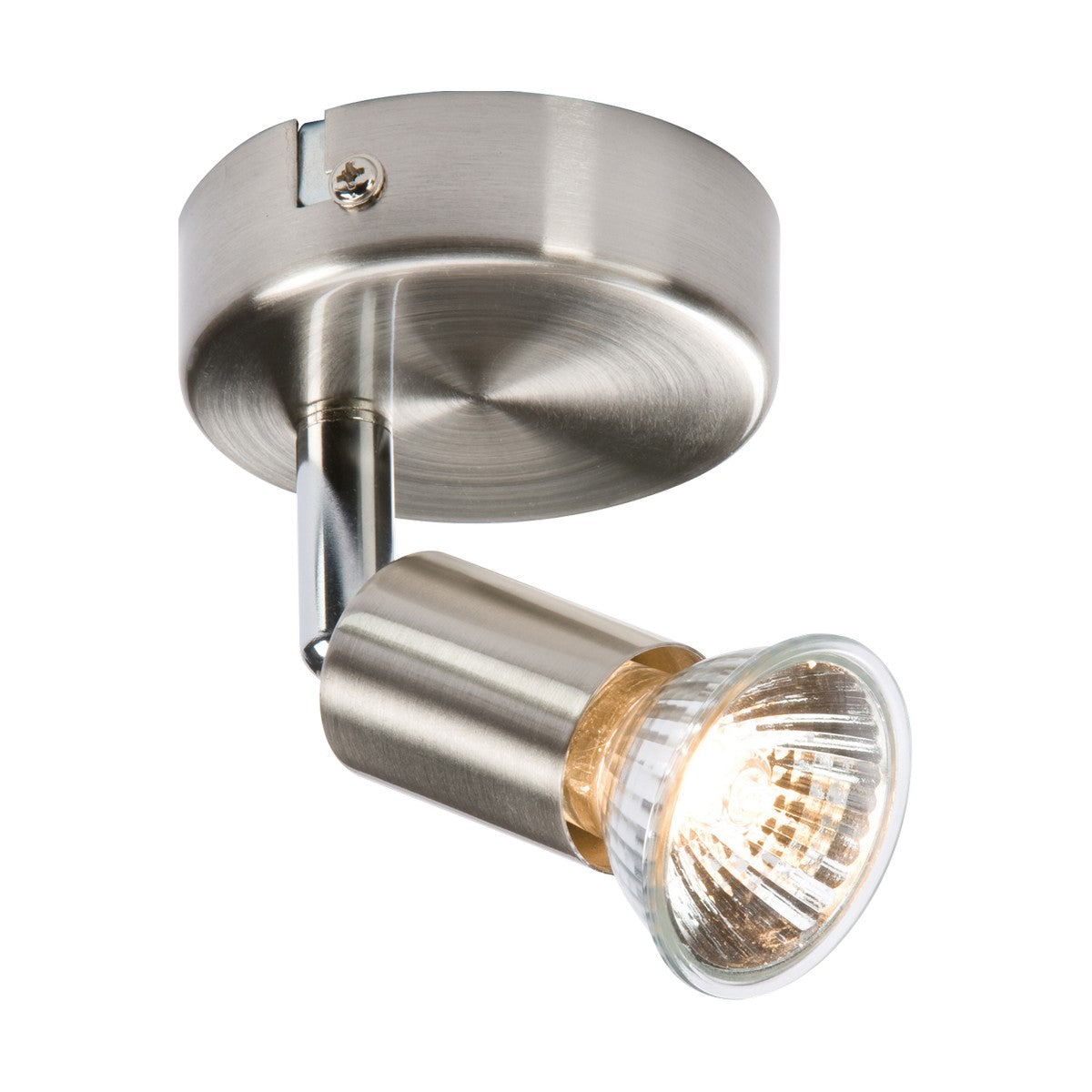 The Single Spotlight - Brushed Chrome is a modern ceiling light fixture featuring an adjustable directional head and a sleek brushed chrome finish with a single exposed bulb, adding a contemporary touch to interior spaces.