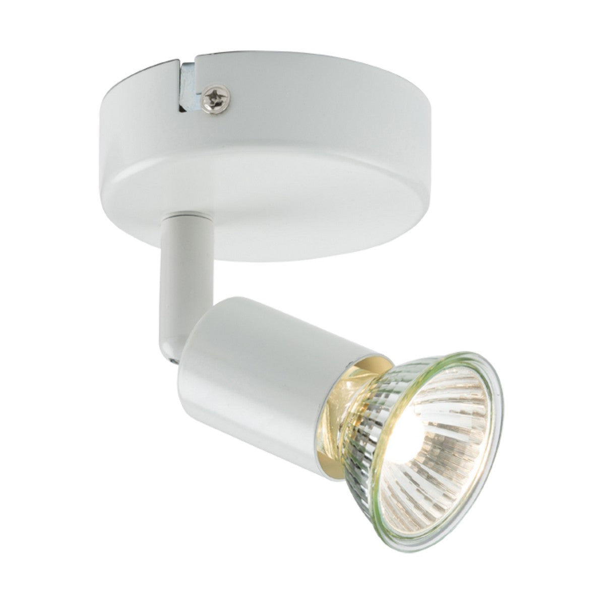 The Single Spotlight - White is a modern GU10 fixture that features a cylindrical lamp head connected to a round base, offering an adjustable directional head for enhanced flexibility. It's compatible with LED bulbs that provide a warm glow.