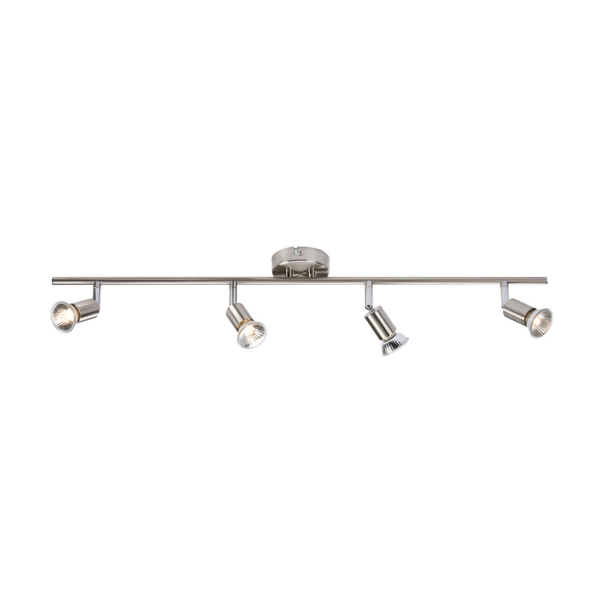 The Quad Bar Spotlight - Brushed Chrome is a modern ceiling-mounted track lighting fixture with four adjustable directional heads. Its sleek design features a straight bar that allows each GU10 spotlight to be directed independently, offering versatile lighting options.