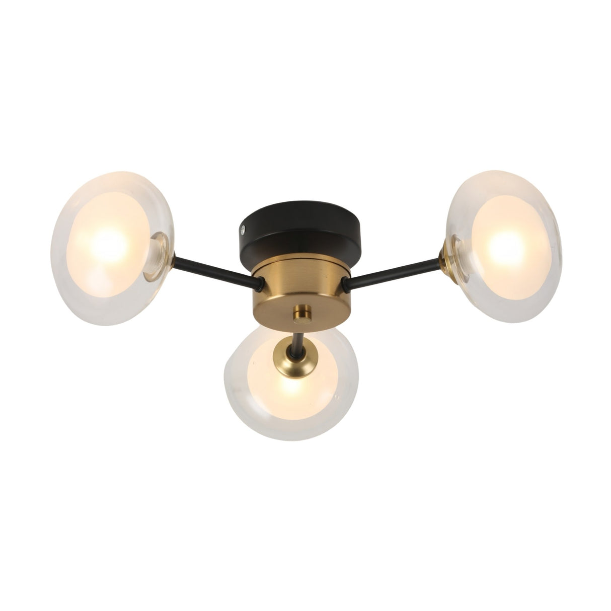 The Galaxy 3 Light Wall/Semi-Flush Ceiling Light - Black & White features three exposed bulbs with clear glass shades and a modern, retro-inspired triangular arm design, making it a stylish black and white lighting accent for any space.
