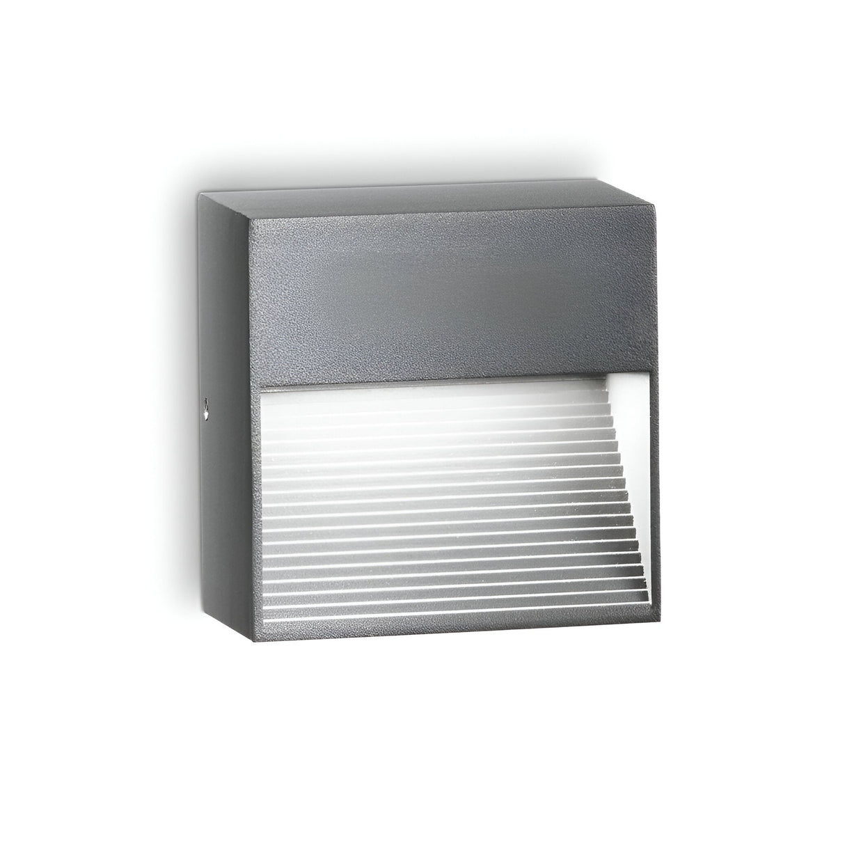 The Jupiter-2 Outdoor Wall Light - Grey features a contemporary rectangular design with a metallic gray finish and is engineered to withstand the elements. It has a louvered style that gently diffuses light through horizontal slats, providing a slightly box-shaped and minimalist modern look.