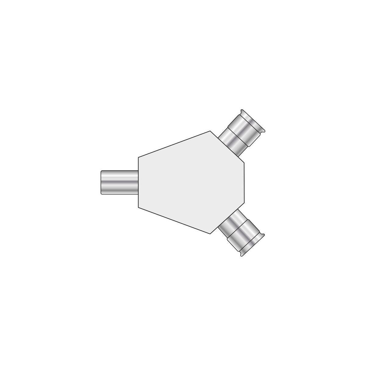 AV:Link coaxial Y splitter with one male plug and two angled female sockets on a metal hexagonal body, shown on a plain white background.
