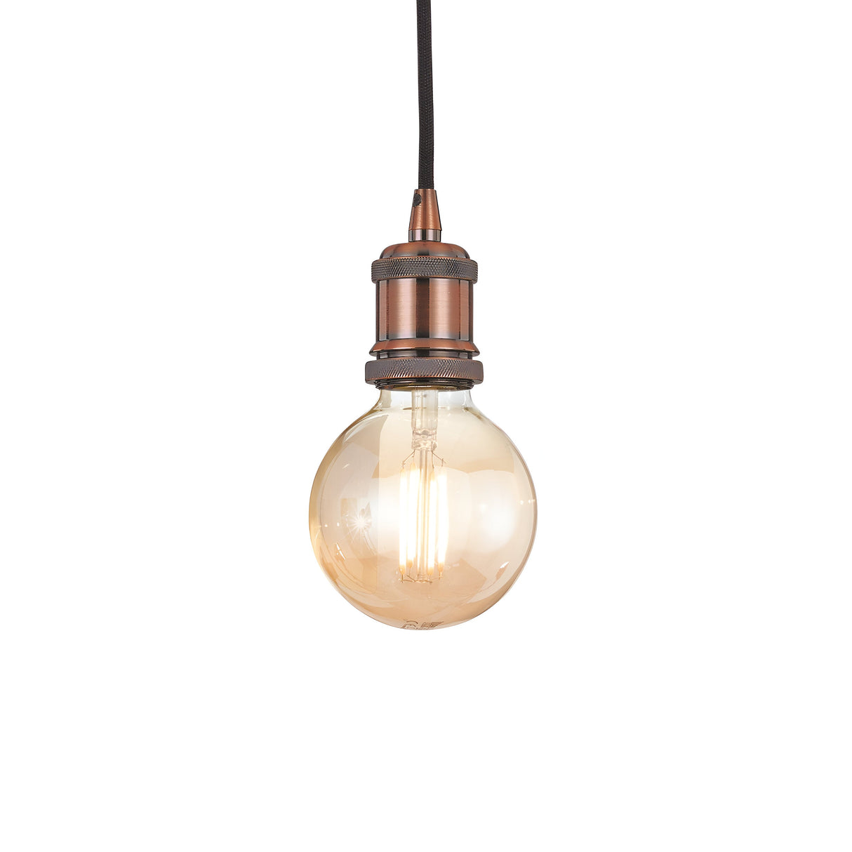 The Zip 1 Light Pendant in copper exudes industrial style with its Edison bulb, whose visible filament casts a warm glow. It's suspended by a dark cord against a plain white background, making it ideal for those seeking modern lighting with vintage charm.