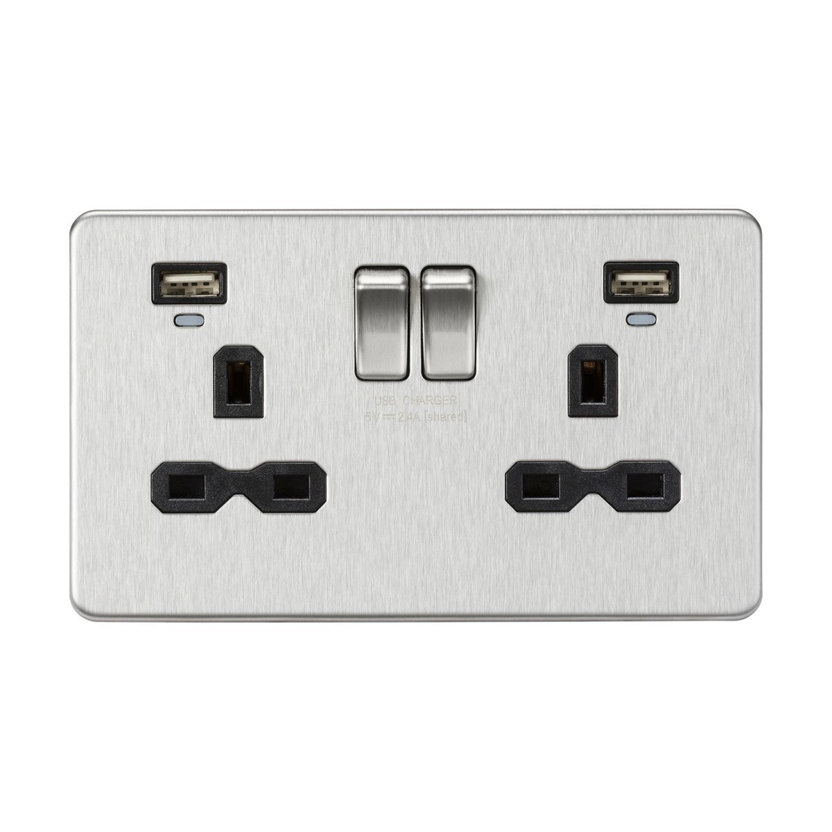13A 2G Switched Socket, Dual USB (2.4A) with LED Charge Indicators - Brushed Chrome w/black insert
