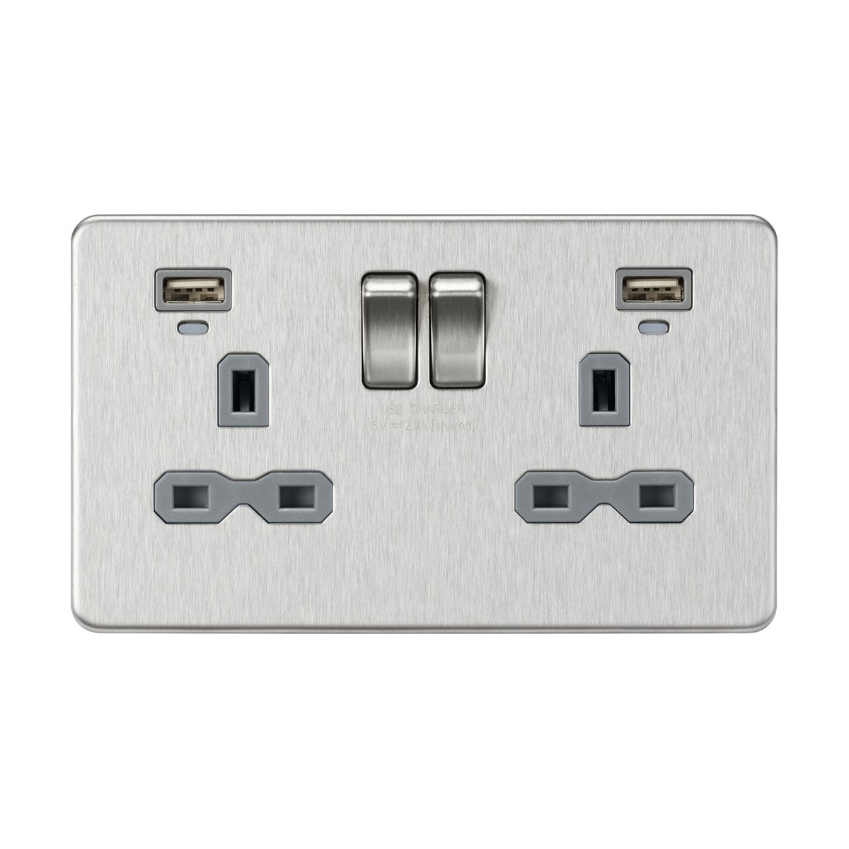13A 2G Switched Socket, Dual USB (2.4A) with LED Charge Indicators - Brushed Chrome w/grey insert