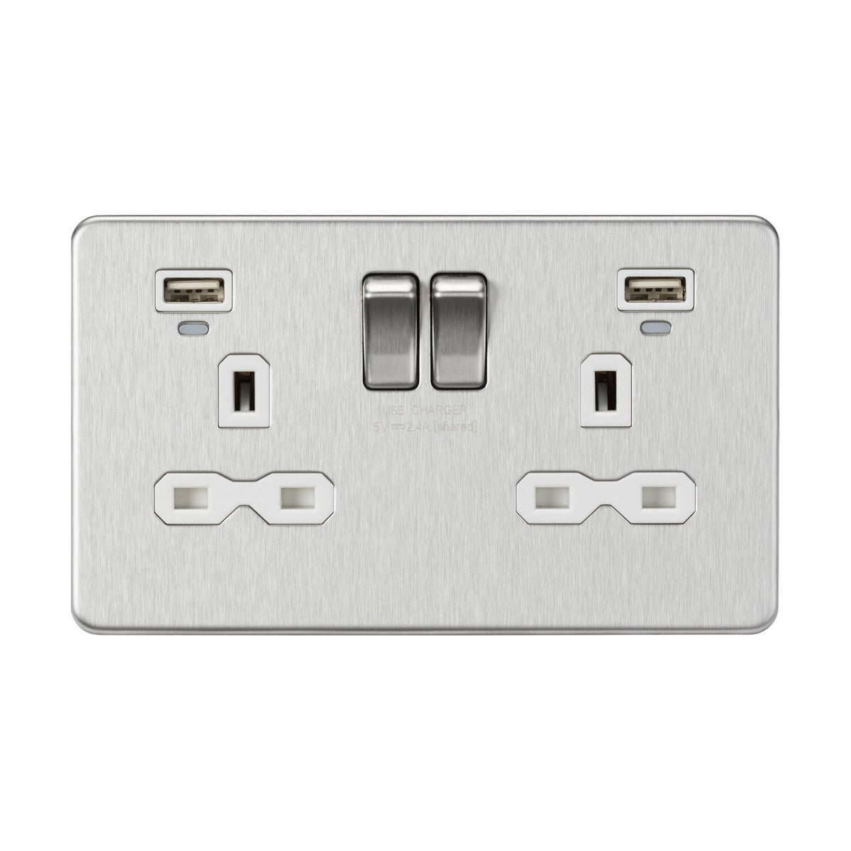 13A 2G Switched Socket, Dual USB (2.4A) with LED Charge Indicators - Brushed Chrome w/white insert