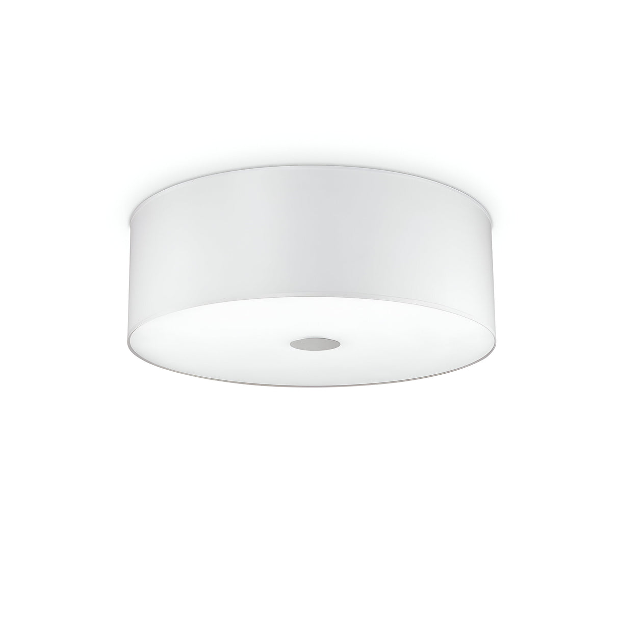 The Noble 5 Light Flush - White is a circular ceiling fixture with a minimalist, modern design. It has an acid-etched glass cover that provides a gentle glow. Its sleek chromed metal frame enables it to be mounted flush against the ceiling for a streamlined appearance.