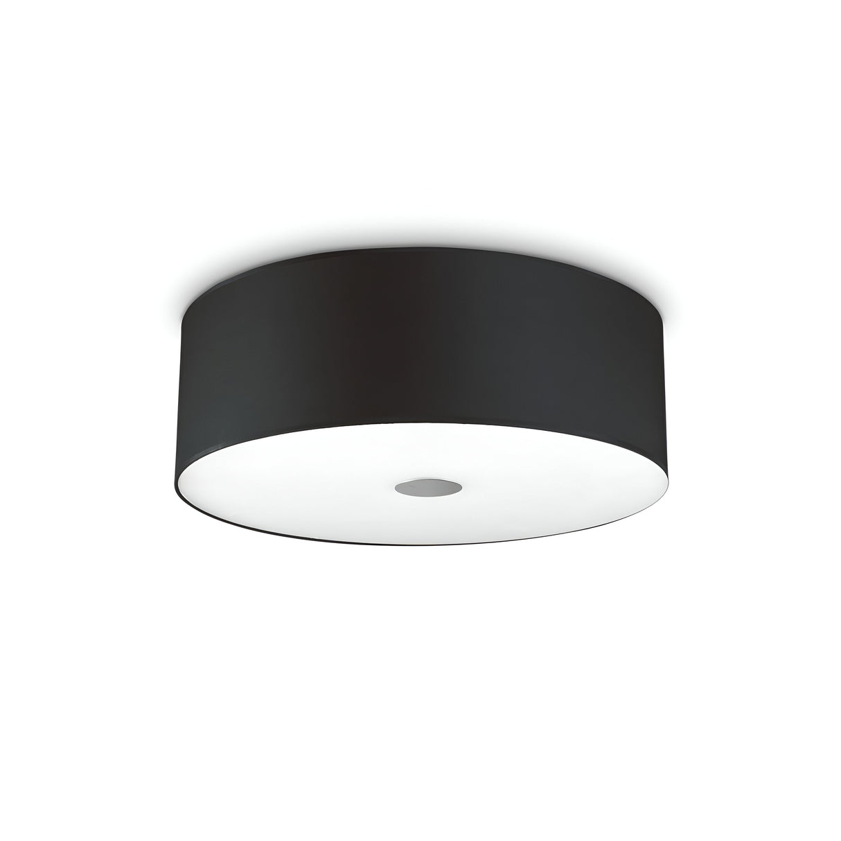 The Noble 5 Light Flush - Black is a modern ceiling light fixture featuring a sleek black cylindrical shade, complemented by a chromed metal frame and a bright white diffuser at the bottom to ensure uniform downward light distribution.