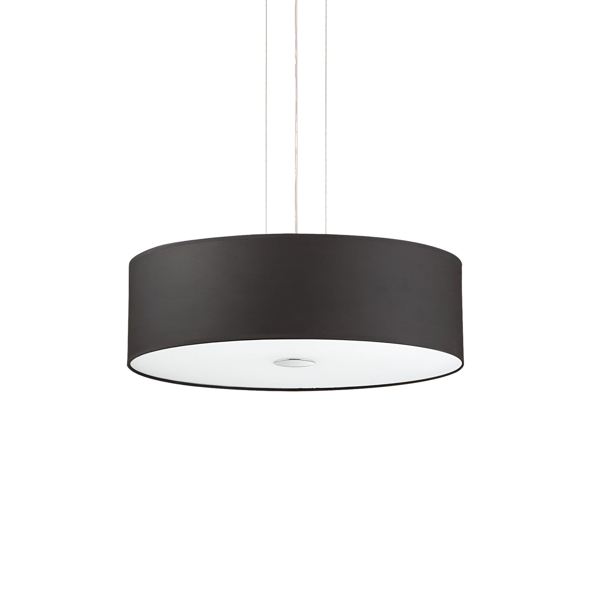 The Noble 4 Light Pendant - Black is a sophisticated circular light fixture that suspends gracefully from the ceiling. It features a sleek black finish and a smooth white diffuser on the bottom, enhancing its modern design.