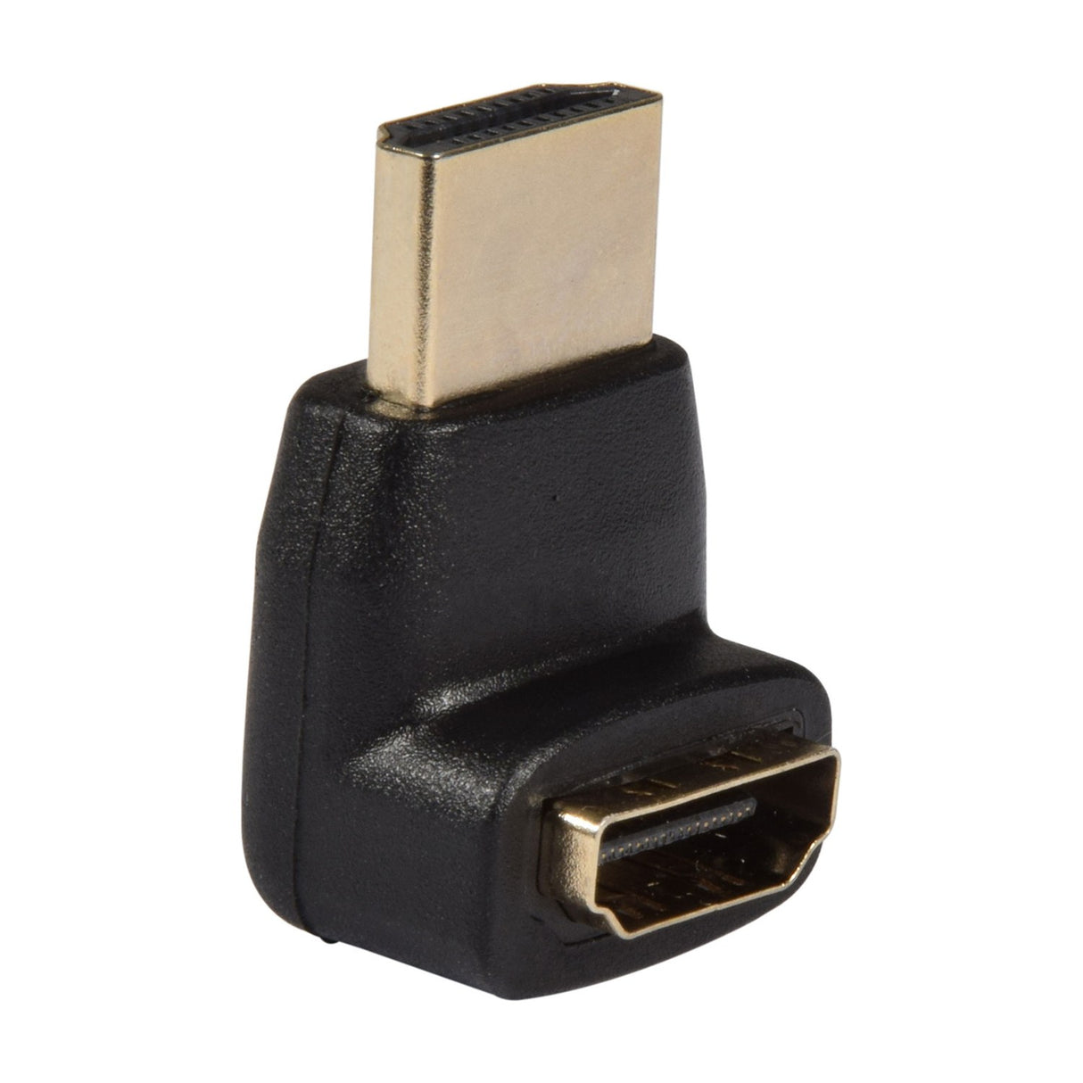 AV:Link right-angle HDMI adapter with gold-plated male plug and female socket in a black moulded shell, shown on a plain white background.