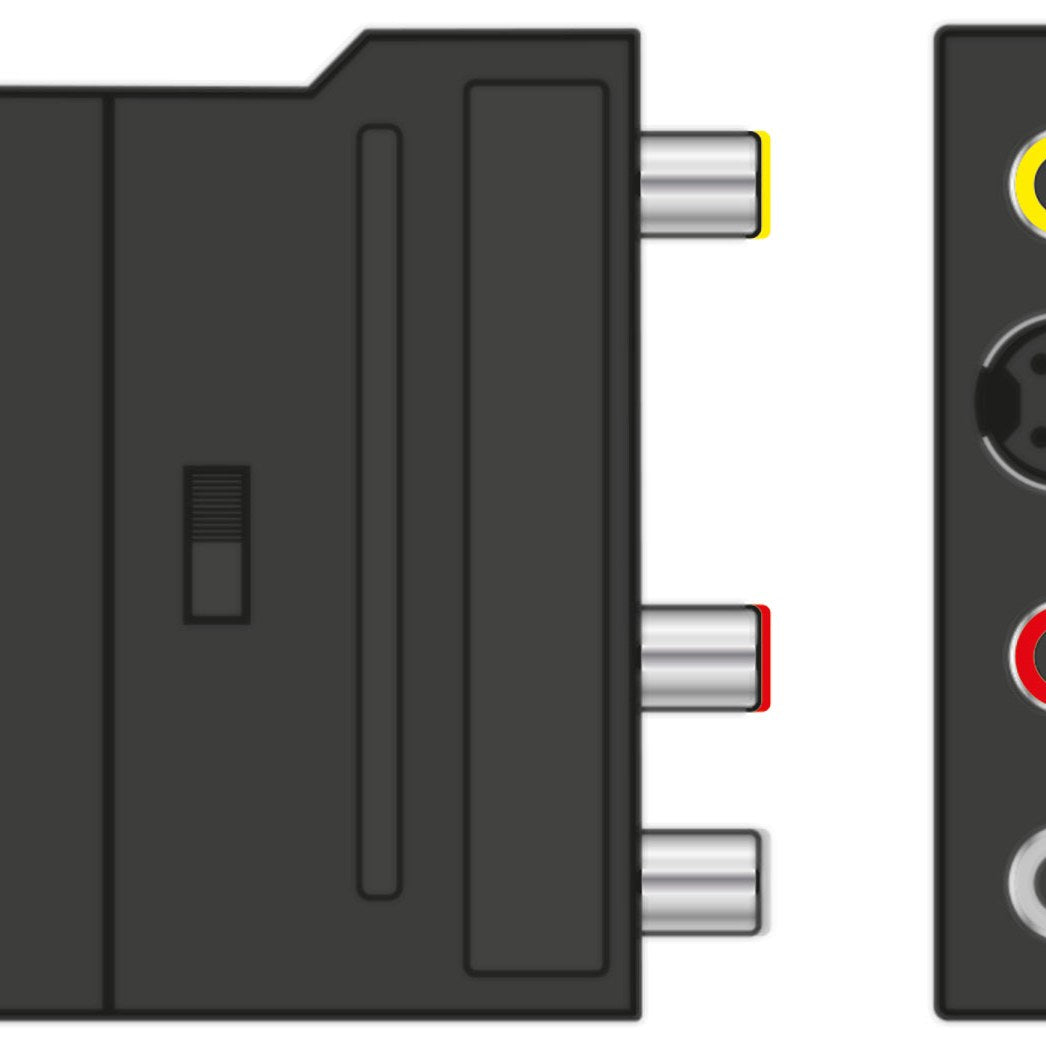 AV:Link Scart to RCA & S-Video switchable adaptor by AVSL, black plastic housing with yellow, red and white RCA sockets, S-Video port and slide switch.