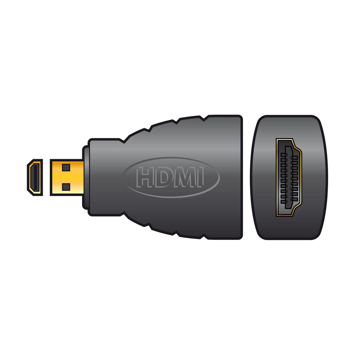 AV:Link HDMI socket to HDMI micro plug adaptor with gold-plated contacts, shown from front and side on a plain white background.