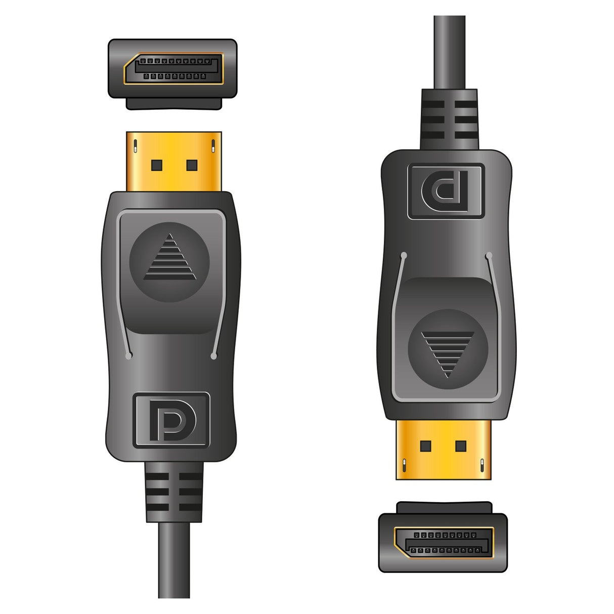 Illustration of the AV:Link 4K Displayport Lead - 1.8m, highlighting its sleek black casing and gold-plated connectors, along with the DisplayPort logo prominently displayed. One cable is shown horizontally and the other vertically, both meticulously designed for exceptional 4K Ultra HD performance.