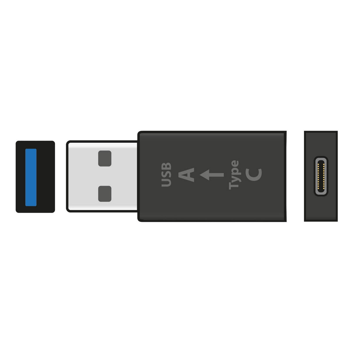 A depiction of the AV:Link USB 3.0 Type-C Socket To Type-A OTG Plug Adaptor. The image features a removable Type-A connector on the left with a blue interior, emphasizing its 5Gbps fast data transfer capability, and at the center, an adaptor marked as USB A and Type C, complete with a port on the right.