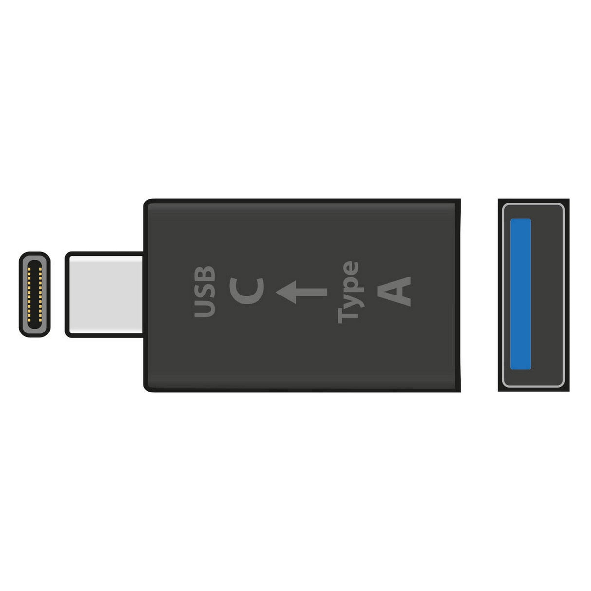 Illustration of the AV:Link USB 3.0 Type-A Socket To Type-C Plug OTG Adaptor, featuring a compact design that highlights its plug and play convenience. The adaptor displays the black Type-C male connector on the left and the black Type-A female port on the right, with clearly labeled sides and a blue interior indicating super speed data transfer capabilities.