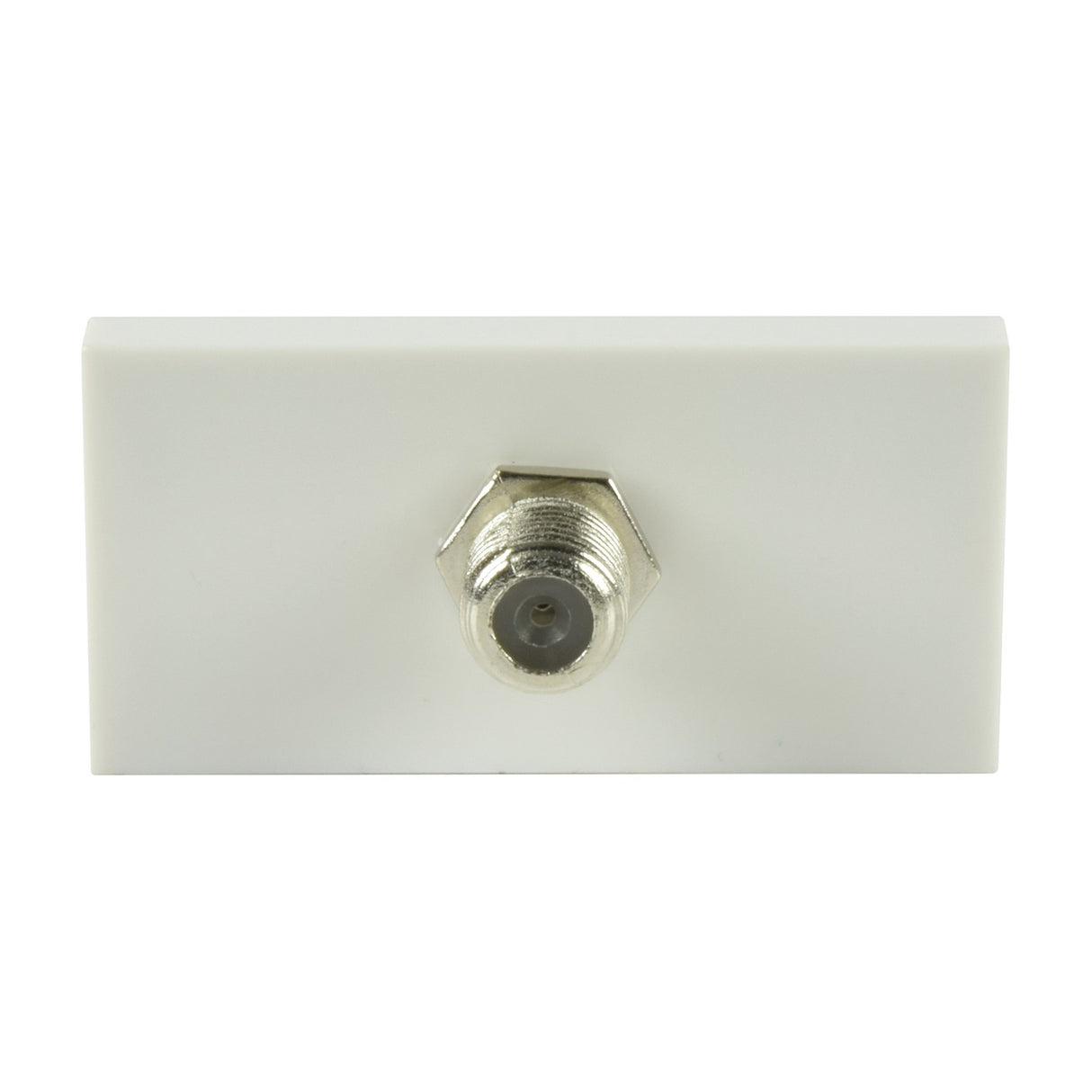 AV:Link F-Type satellite wall plate module in white with a single nickel-plated screw coupler, 50 x 25mm flat-plate insert on a plain background.