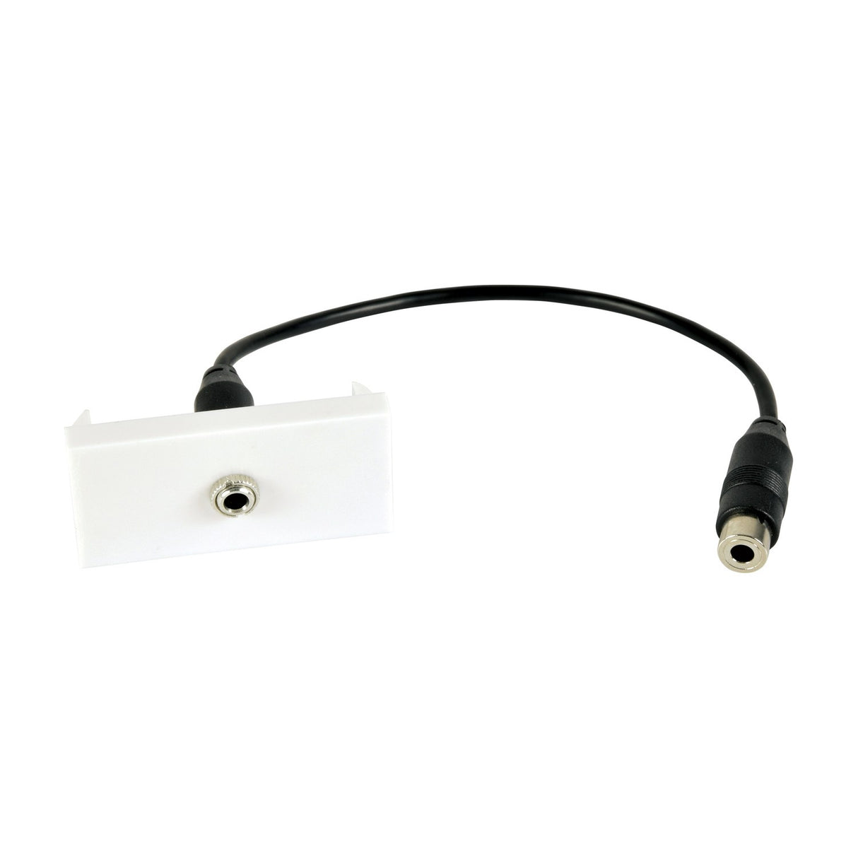 AV:Link white 3.5mm stereo jack wall plate module with short black female fly lead at the rear, on a plain white background.