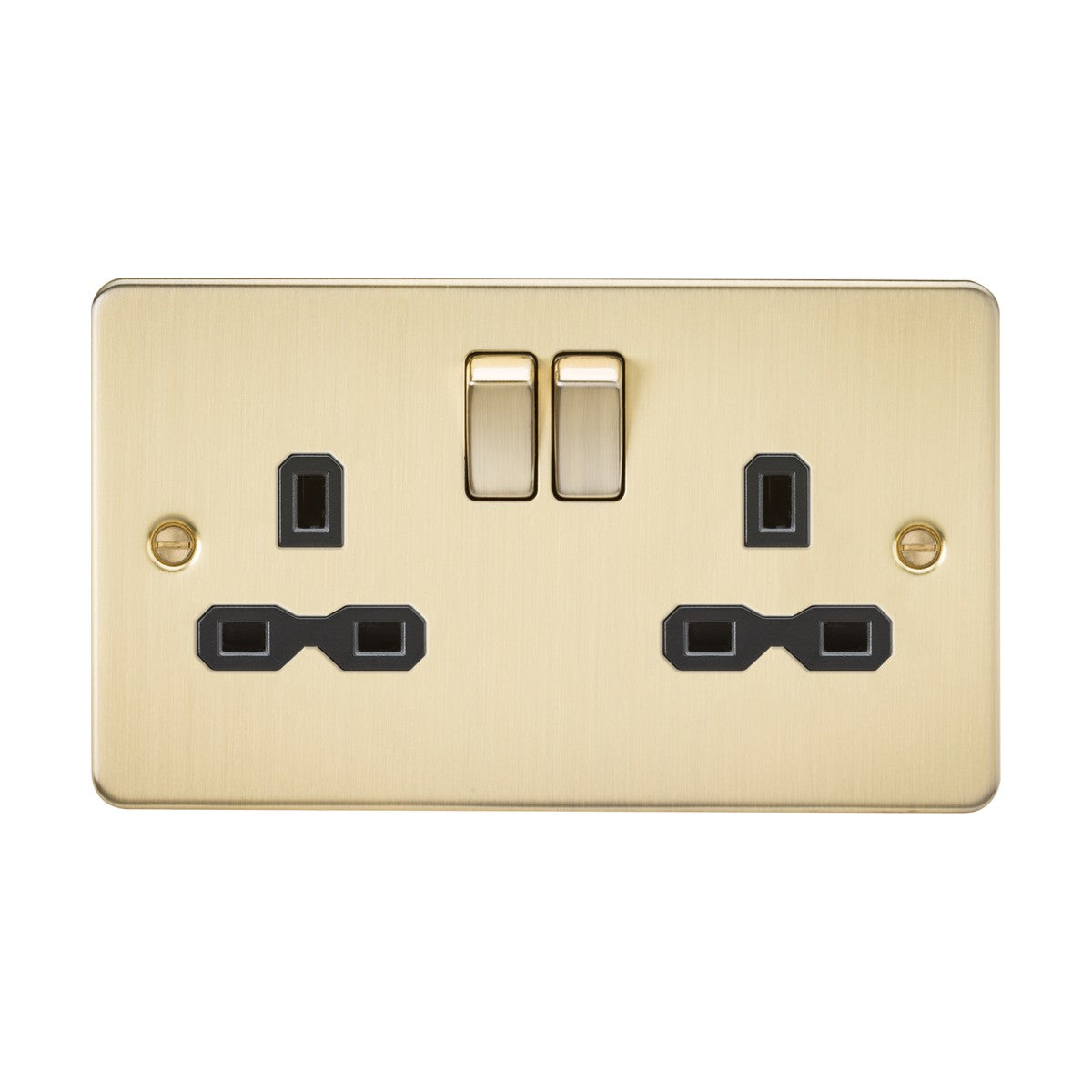 The 13A 2 Gang DP Switched Socket with Twin Earths in brushed brass features a flat plate design and black insert, offering sleek dual electrical connections with a polished finish.