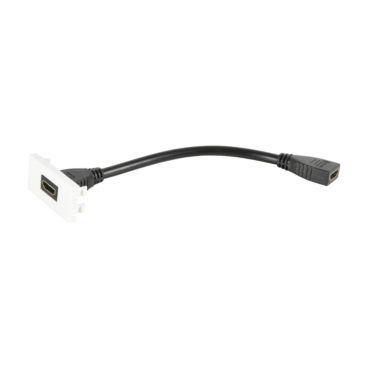 AV:Link HDMI wall plate euromodule by AVSL with white faceplate, gold-plated HDMI 2.0 socket and short black female HDMI tail lead at the rear.