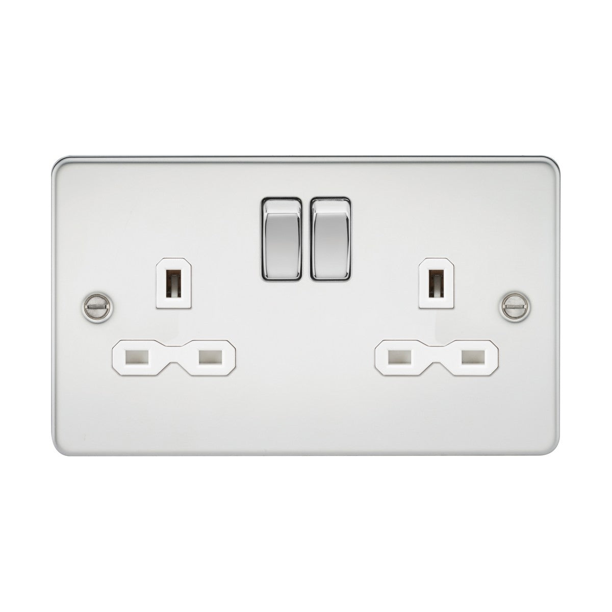 A 13A 2 Gang DP switched socket with polished chrome finish and flat plate design, featuring two white insert plug ports. Each port has a switch above for power control, and the socket is equipped with twin earths and two screw holes for easy mounting.