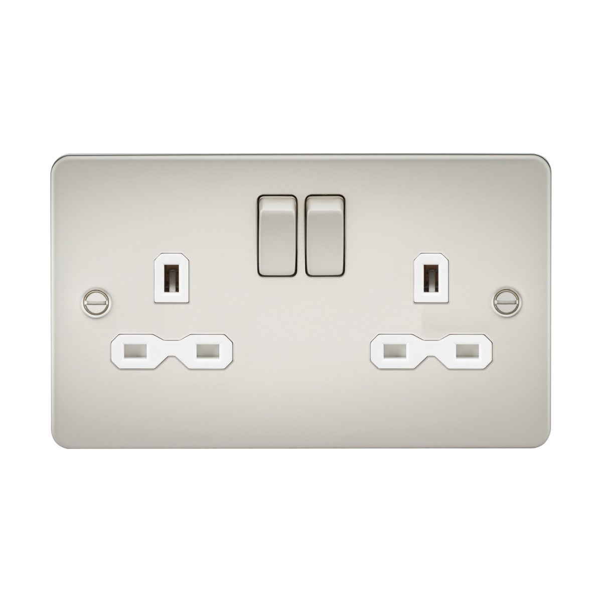 The 13A 2 Gang DP Switched Socket with Twin Earths features a Pearl finish and white inserts on a flat plate, ideal for minimalist decor.