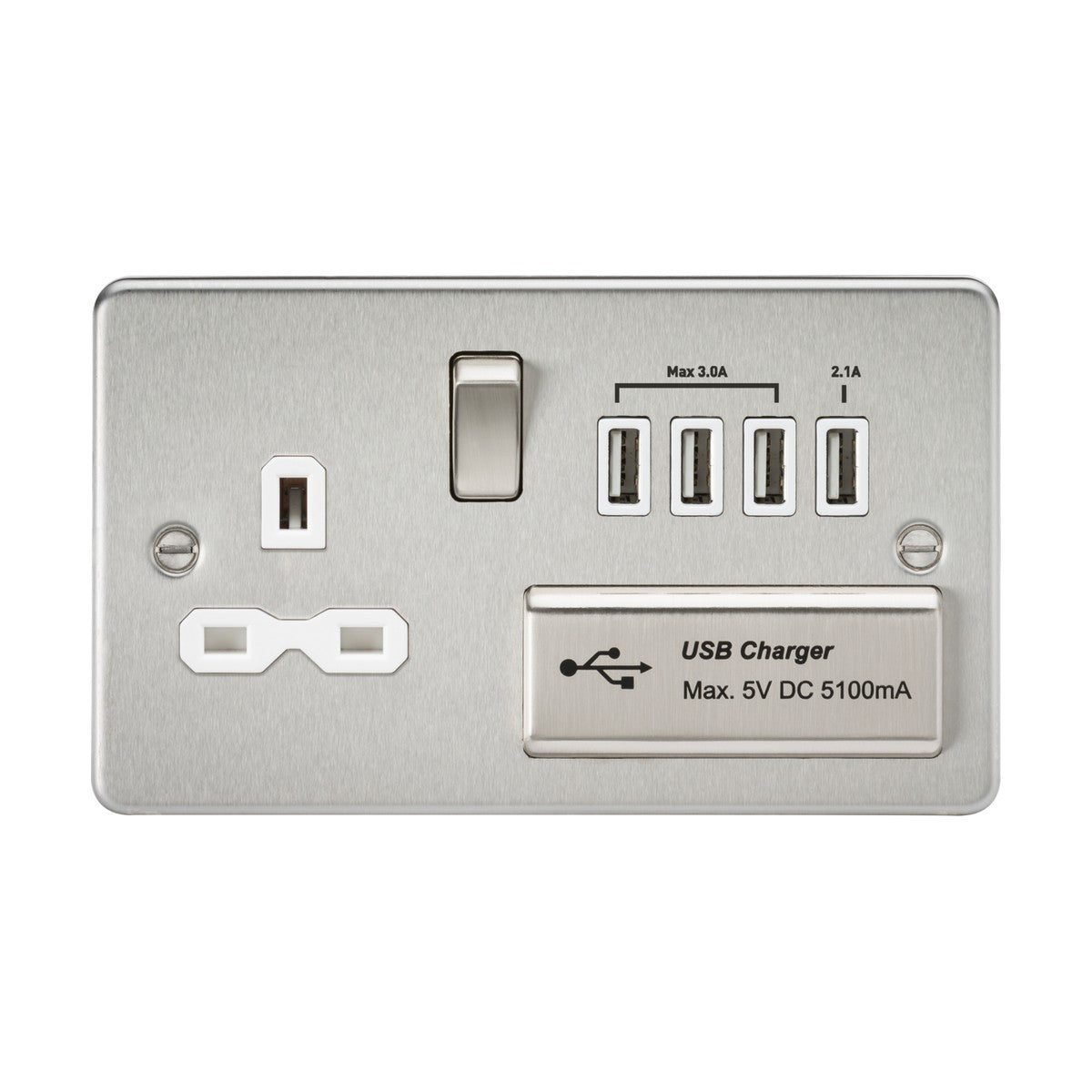 13A Switched Socket with Quad USB-A (5V DC 5.1A shared) - Brushed chrome with White Insert