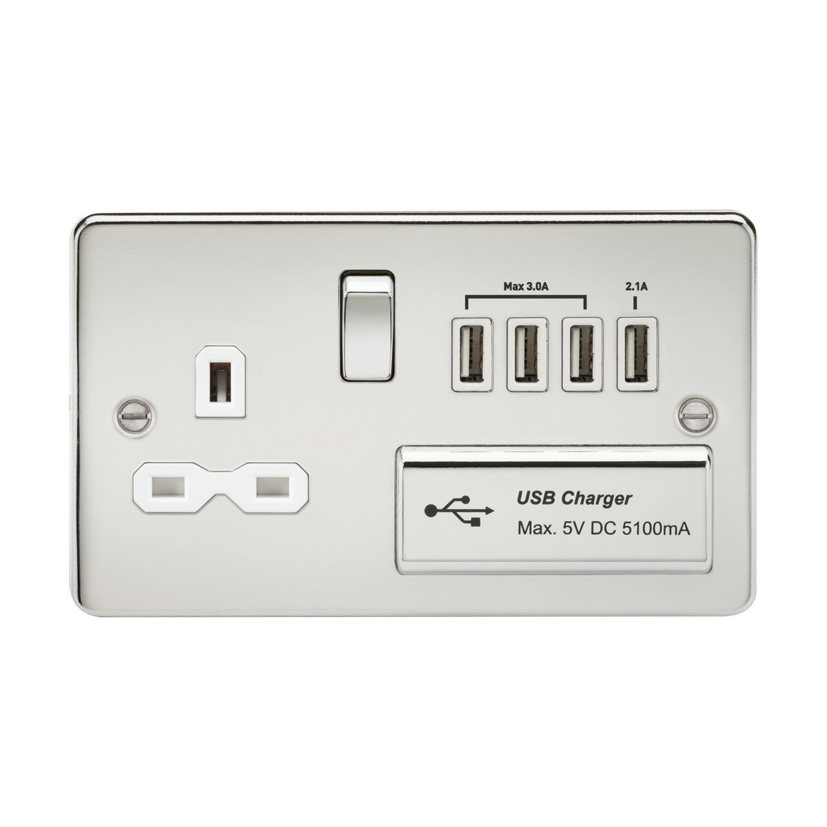 13A Switched Socket with Quad USB-A (5V DC 5.1A shared) - Polished Chrome with White Insert