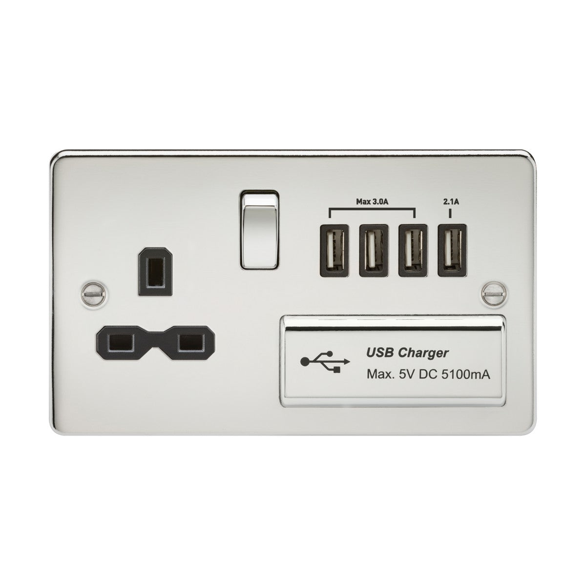13A Switched Socket with Quad USB-A (5V DC 5.1A shared) - Polished Chrome with Black insert
