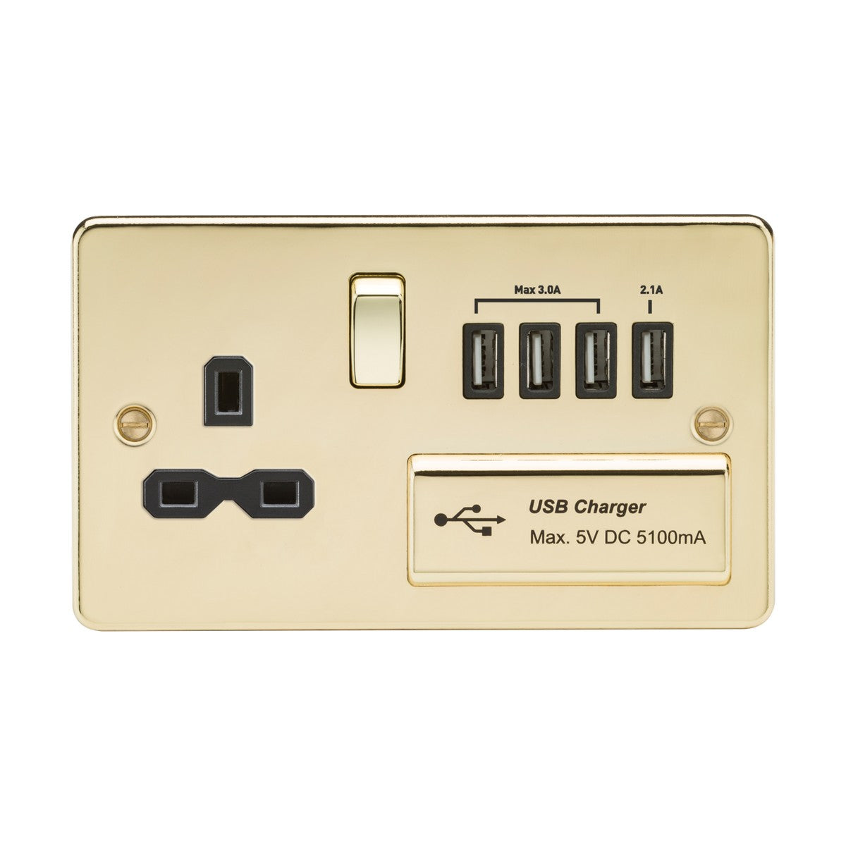 13A Switched Socket with Quad USB-A (5V DC 5.1A shared) - Polished Brass with Black Insert