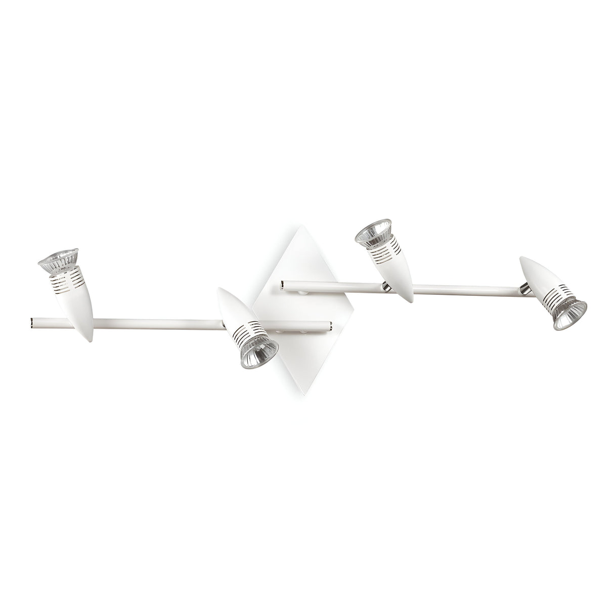 The Omega Quad Bar Spotlight - White showcases a modern design with four adjustable directional spotlights in a satin white finish. Its sleek and minimalist appearance is characterized by lights mounted on two intersecting rods affixed to a diamond-shaped base.