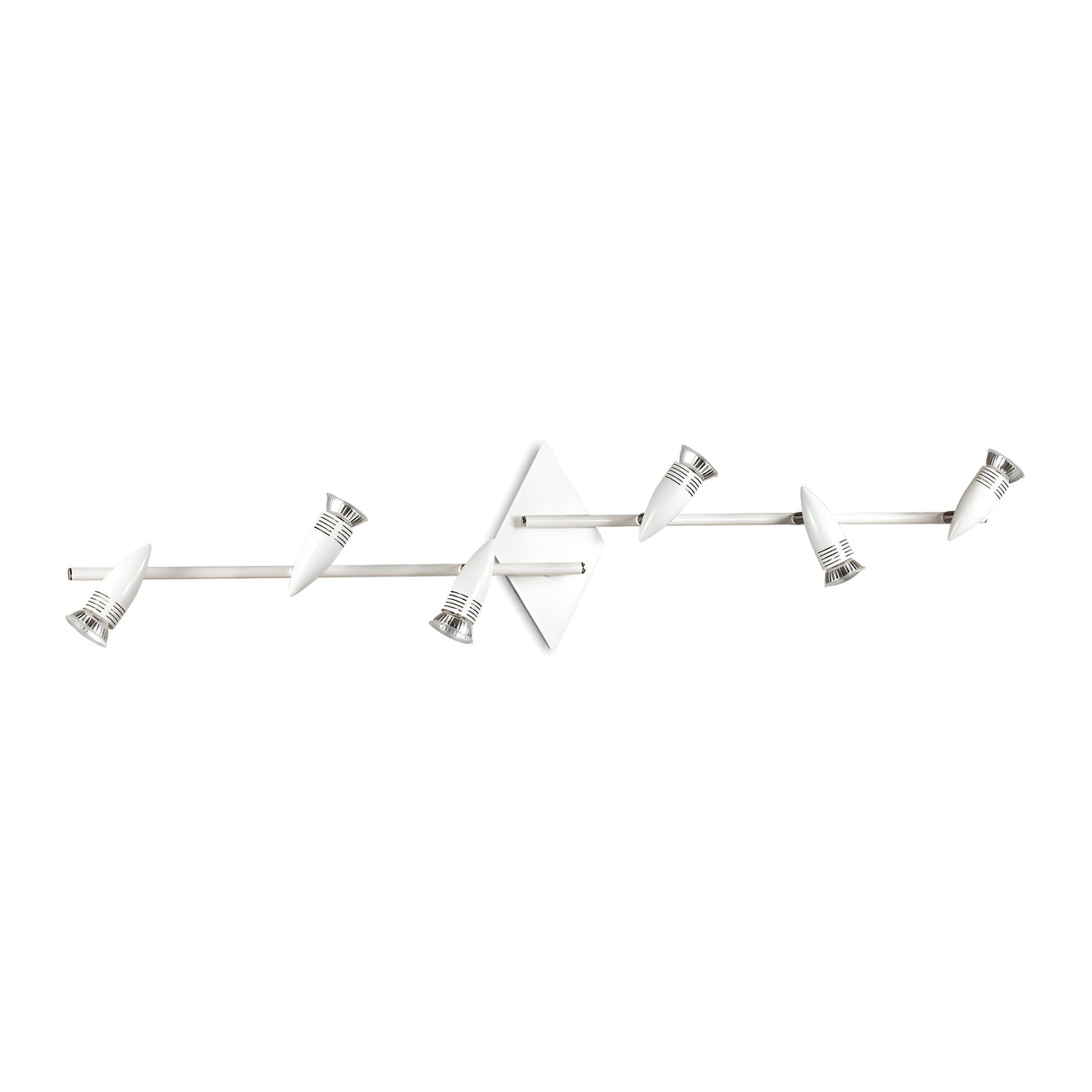 The Omega 6 Light Bar Spotlight - White features a sleek design with six adjustable lamp heads mounted on two intersecting metal rods, making it perfect for adaptable lighting solutions in modern environments.