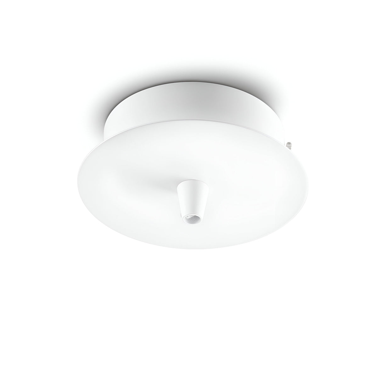 The Glacia 1 Light Standard Canopy - White is a contemporary ceiling light fixture crafted from premium metal. Its circular, gently domed shape with a central conical protrusion seamlessly integrates into the white ceiling finish, offering a sleek and unified appearance.