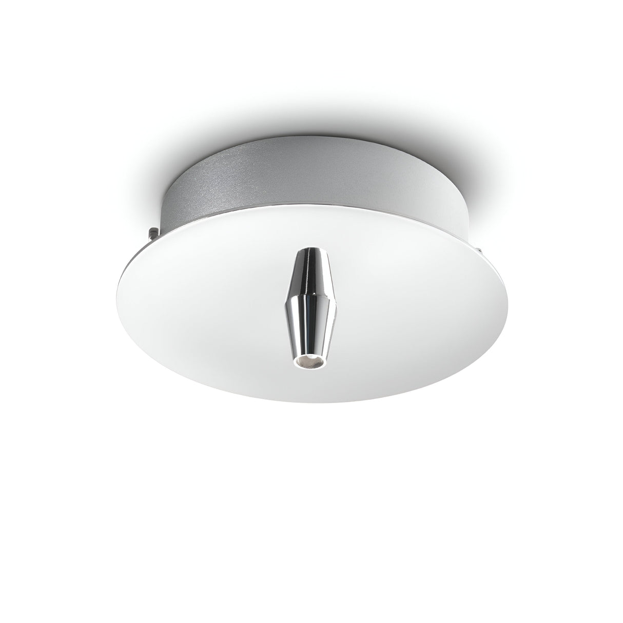Introducing the Glacia 1 Light Standard Canopy in Silver, a contemporary ceiling light fixture with a sleek circular design. This modern piece features a round disc base with a central conical protrusion, perfect for those who appreciate minimalist aesthetics in lighting.