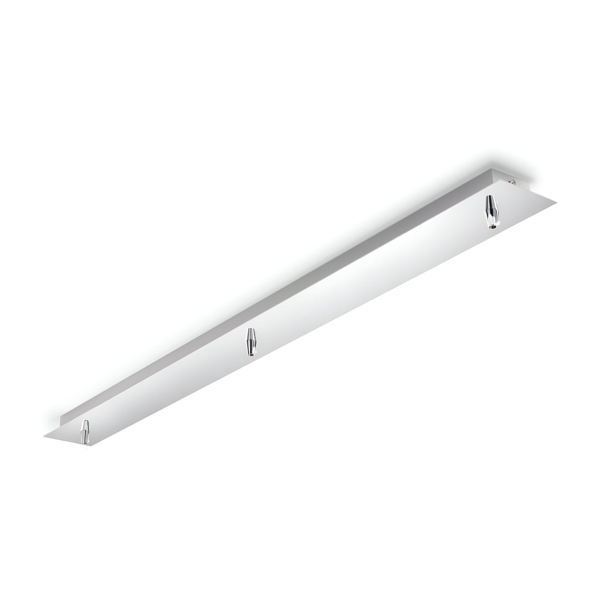 A sleek and minimalist long, rectangular ceiling-mounted light fixture in white, resembling the Glacia Base Canopy 3 Light Rectangle - Silver, with two simple mounting brackets for easy installation.
