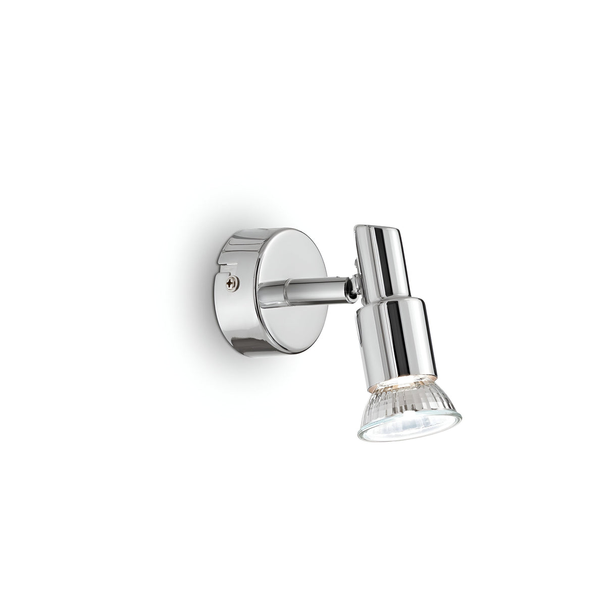 The Crest Single Spotlight - Chrome features a sleek and contemporary design with a cylindrical base and adjustable head. When switched on, it provides perfect dimmable lighting while illuminating the area below.