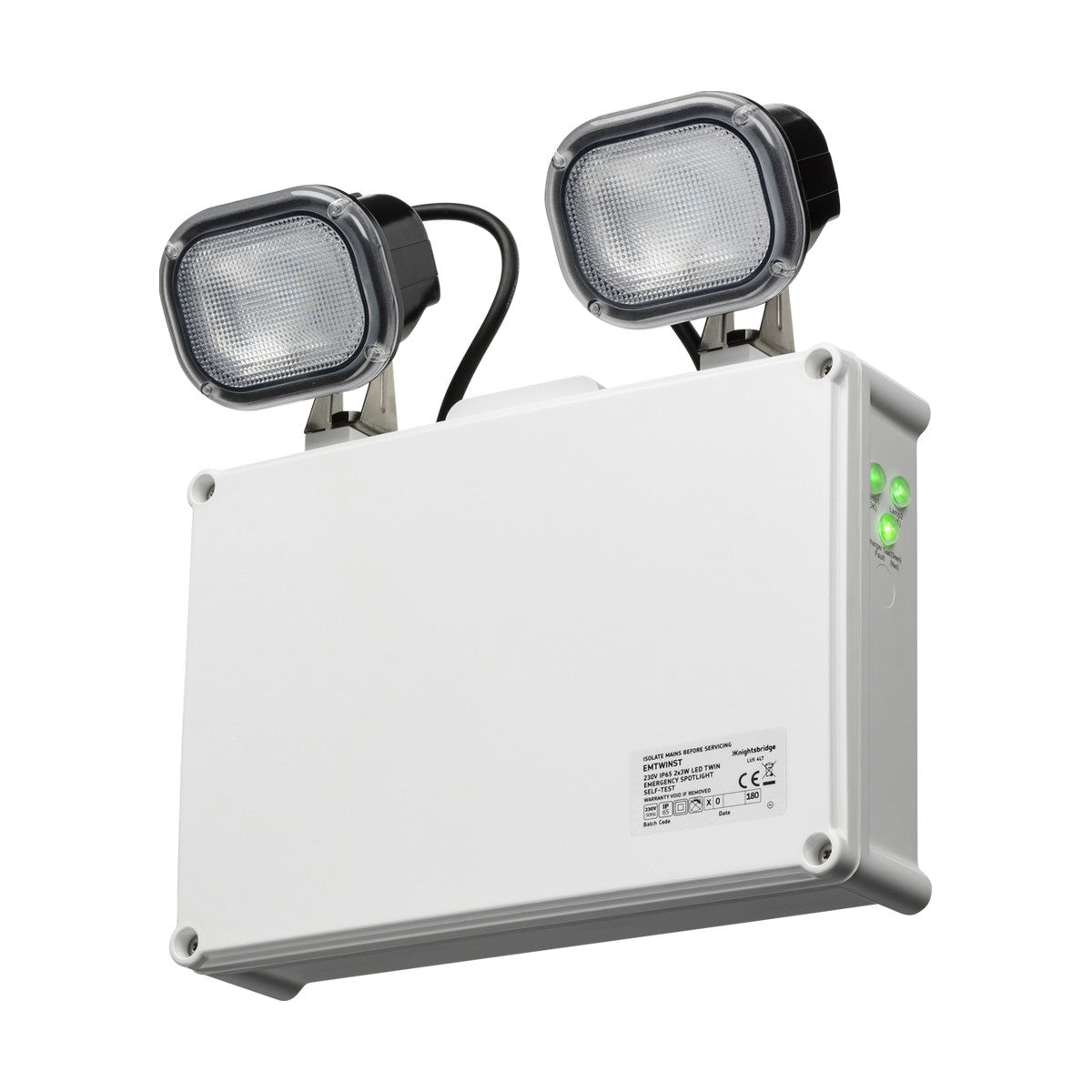 A rectangular LED Twin Emergency Spotlight designed for both indoor and outdoor use, featuring two adjustable square lamps on top each protected by a grille, emits a 6000K Daylight. It includes green indicator lights and displays a label with technical specifications for an IP65-rated Emergency Light. This unit is named the "Indoor & Outdoor Non-Maintained Emergency LED Twin Spot Bulkhead - Self Test.