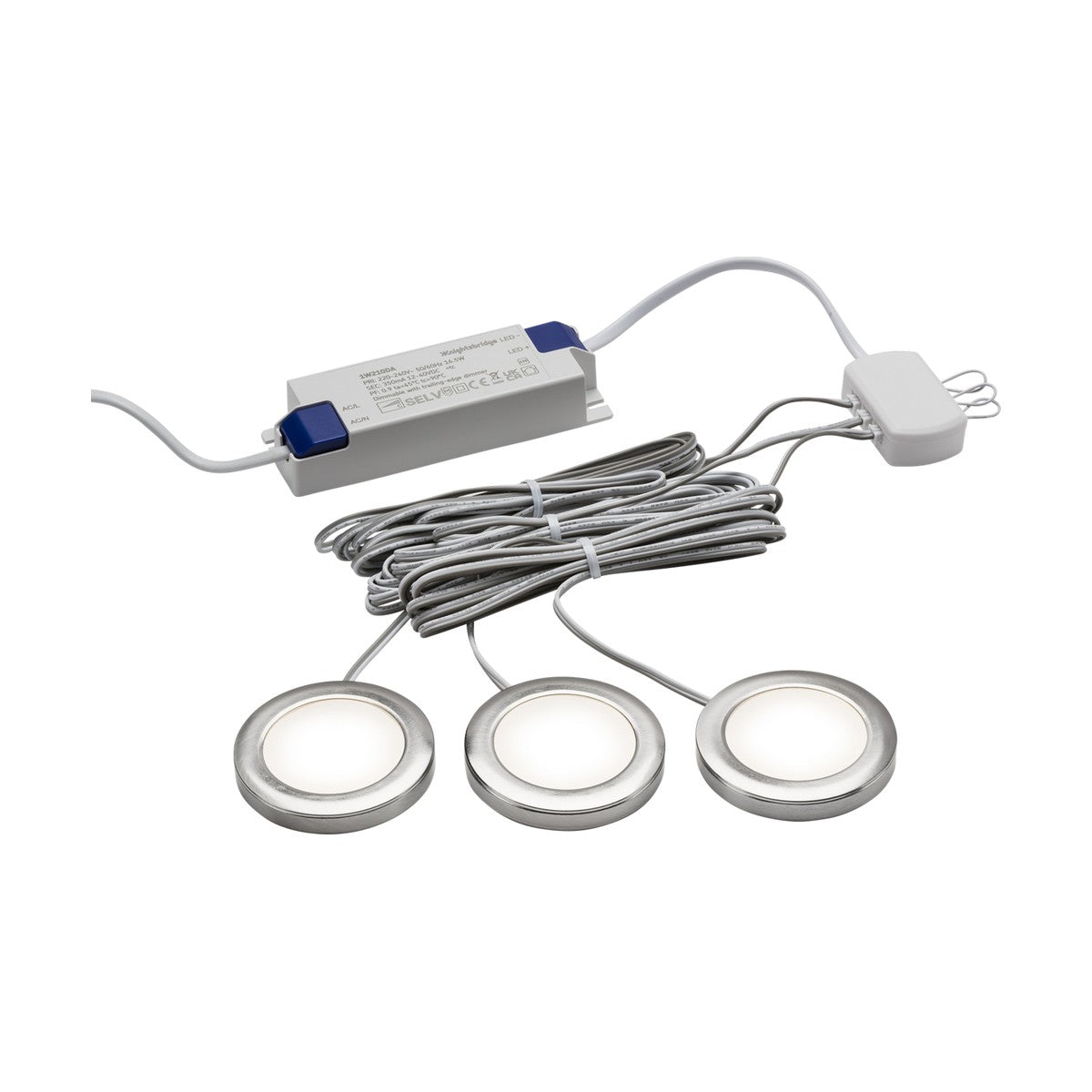 The 2.5W LED Under Cabinet Lights Dimmable Brushed Chrome 3 Pack, emitting a cool white glow at 4000K, are displayed connected by wires to a power adapter. These sleek lights are arranged in a row for optimal illumination.