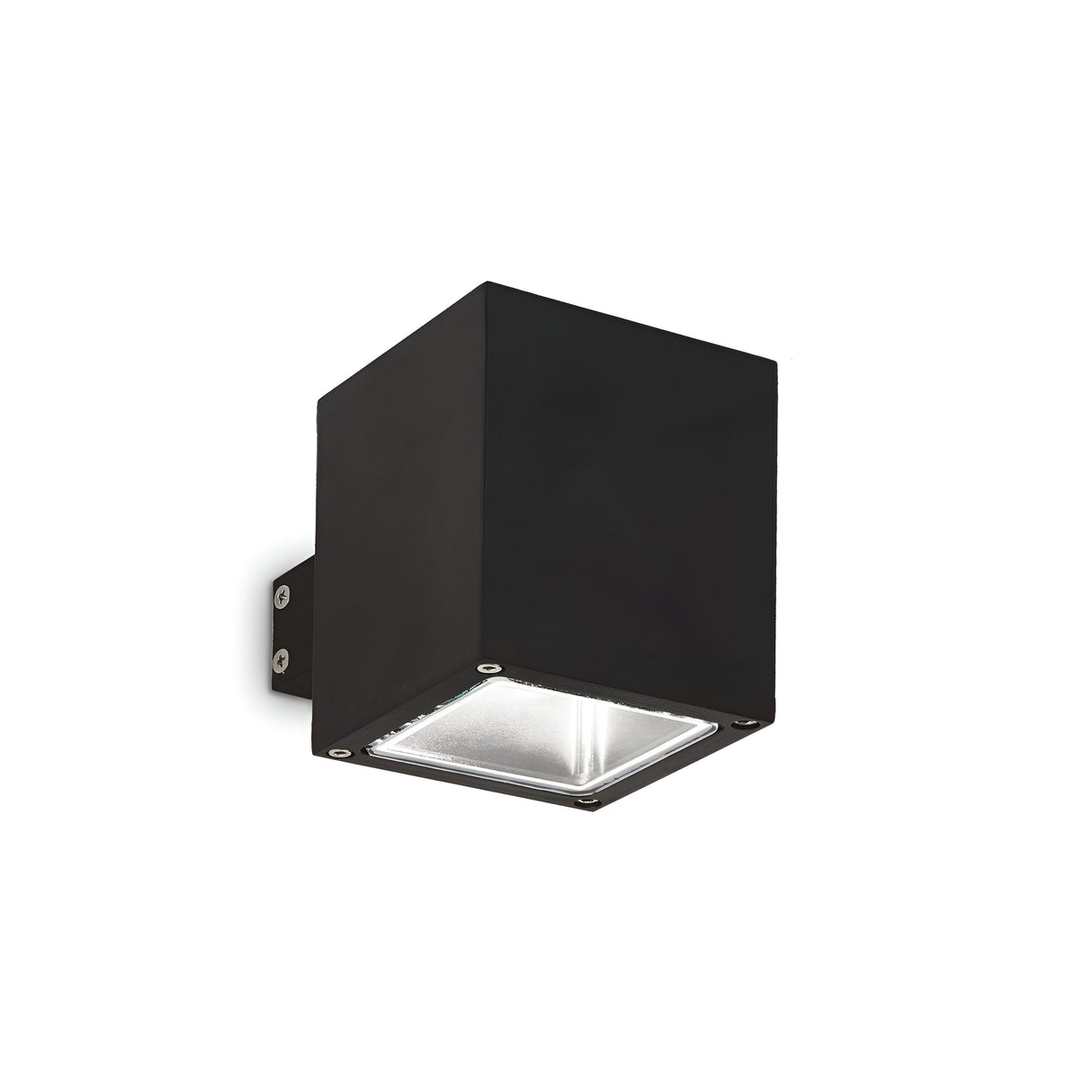 The Opus Square Outdoor Wall Light - Black is a black, cube-shaped fixture designed for outdoor use, crafted from die-cast aluminum with a Pyrex glass bottom. It features a modern minimalist style and is mounted to the wall with two visible screws.