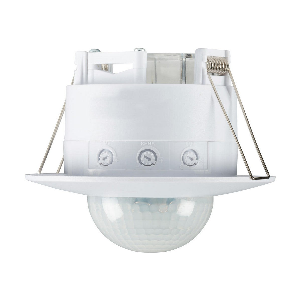 The Wide Range PIR Sensor 360° - Recess Mount boasts a sleek, circular design with three adjustable dials labeled TIME, SENS, and LUX. It is designed for seamless recess fitting and comes enclosed in a clear, dome-shaped housing secured by sturdy metal brackets.